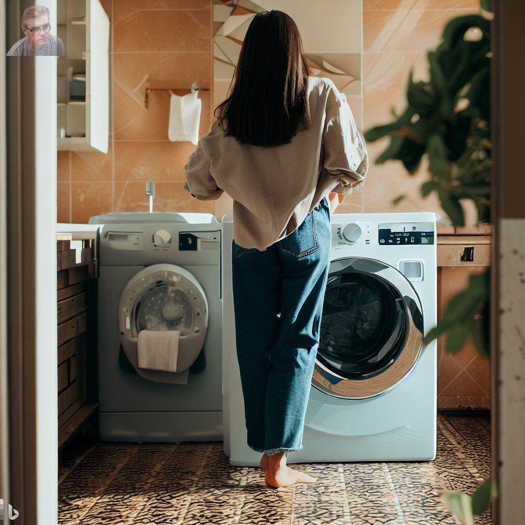 Женщина стоит перед стиральной машиной.